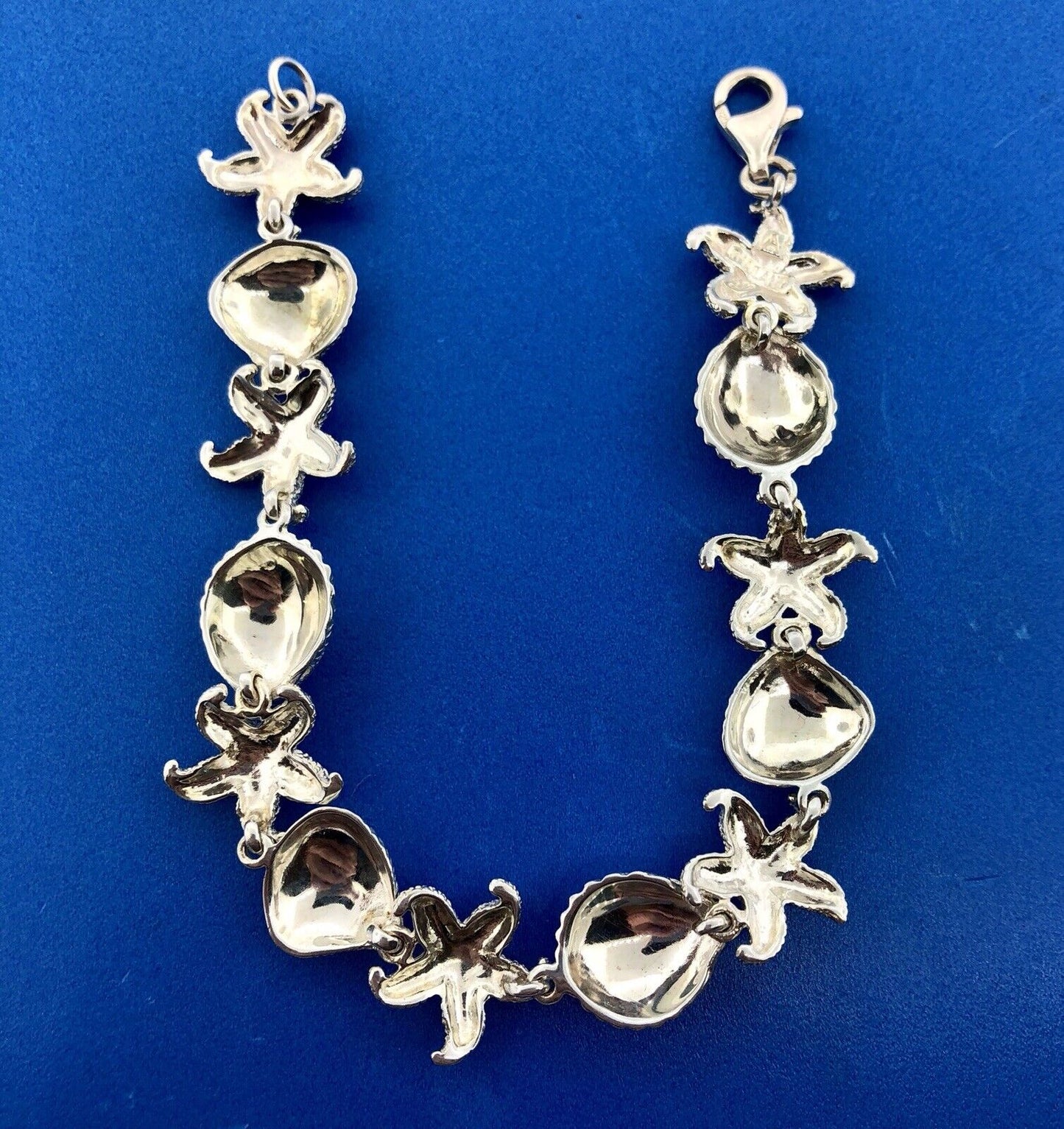 Designer Sterling Silver 925 Sea Shell Star Fish Ocean Panel Link Bracelet