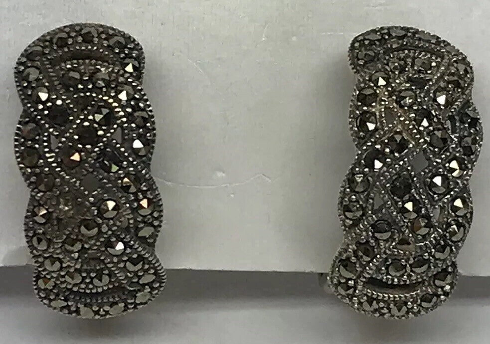 Art Deco 925 Sterling Silver Marcasite Open Work Basket Weave Clip Earrings