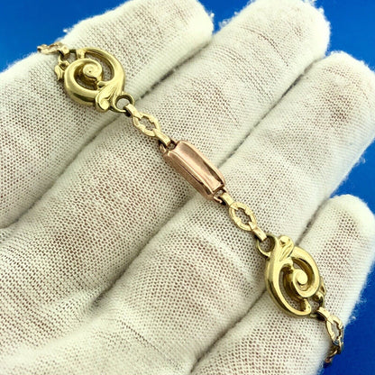 Designer ESEMco Art Deco 10K Yellow Rose Gold Floral Scroll Link Bracelet