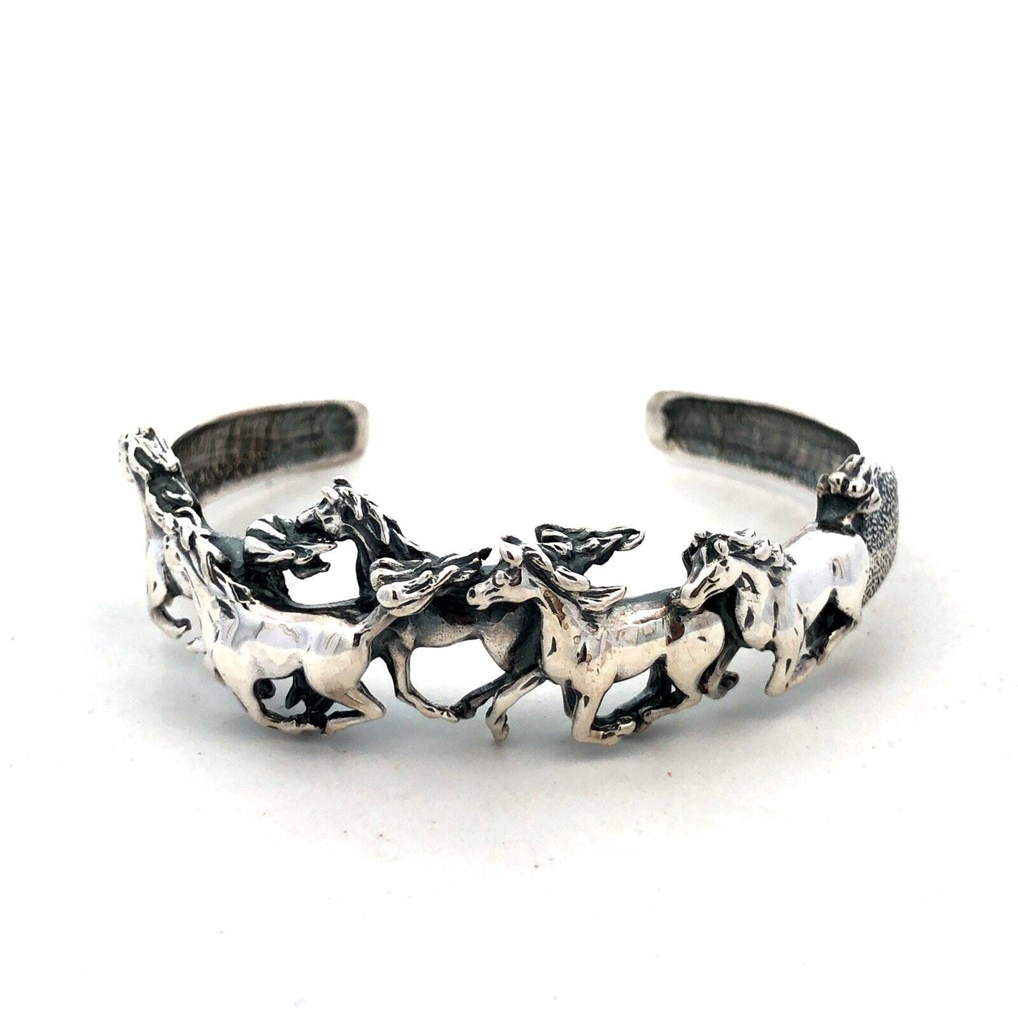 Vintage 925 Sterling Silver 3D Horse Galloping Equine Textured Cuff Bracelet