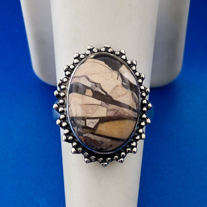 Vintage 925 Sterling Silver Oval Enamel Mosaic Jasper Inlay Statement Ring