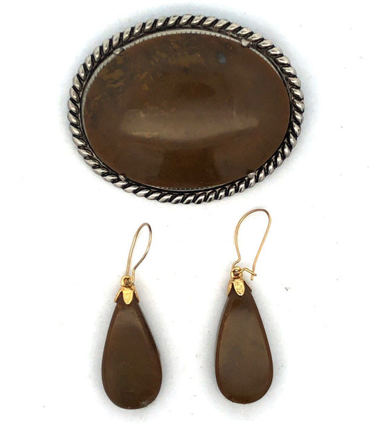 Vintage Southwest Silver Tone Petrified Wood Cabochon Brooch Earrings 3 Pc Set