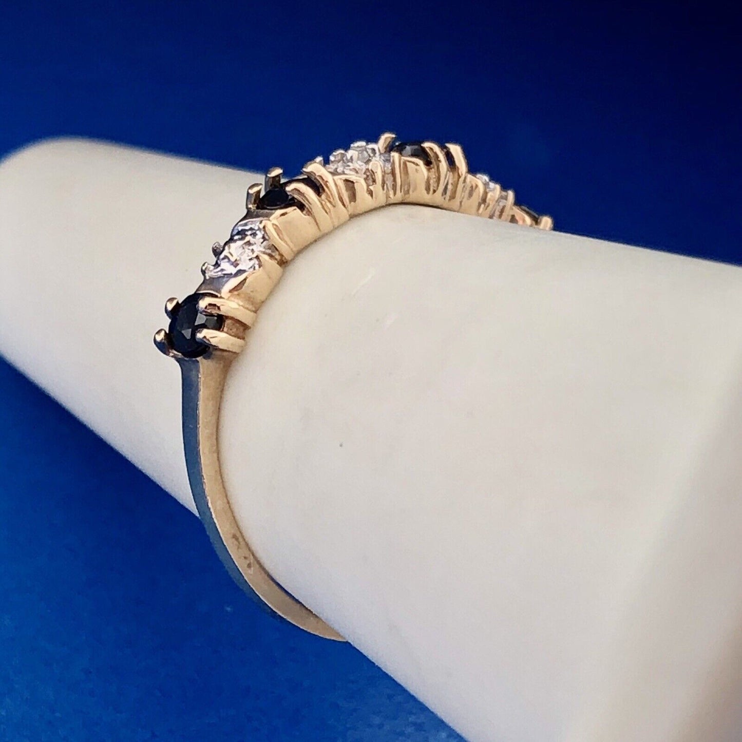 Retro 10K Yellow White Gold Sapphire Diamond Stackable Anniversary Band Ring