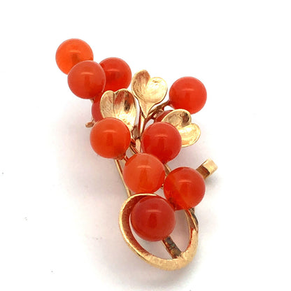 Estate 14K Yellow Gold Carnelian Bead Berry Vine Statement Brooch Pin Pendant