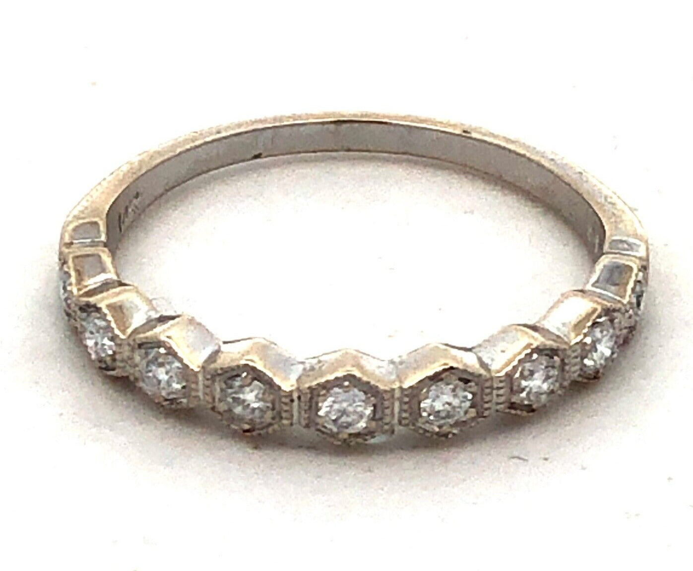 Designer CI 14K White Gold Round Diamond Hexagon Wedding Anniversary Band Ring