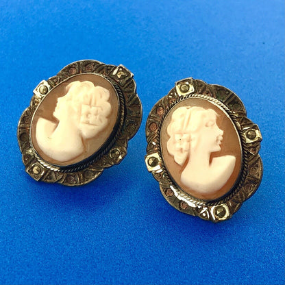 Victorian 925 Sterling Silver Carved Cameo Marcasite Statement Stud Earrings
