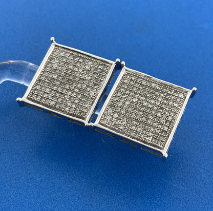 Gorgeous 10k White Gold Round Cut Pave Diamond Square Screw-back Stud Earrings