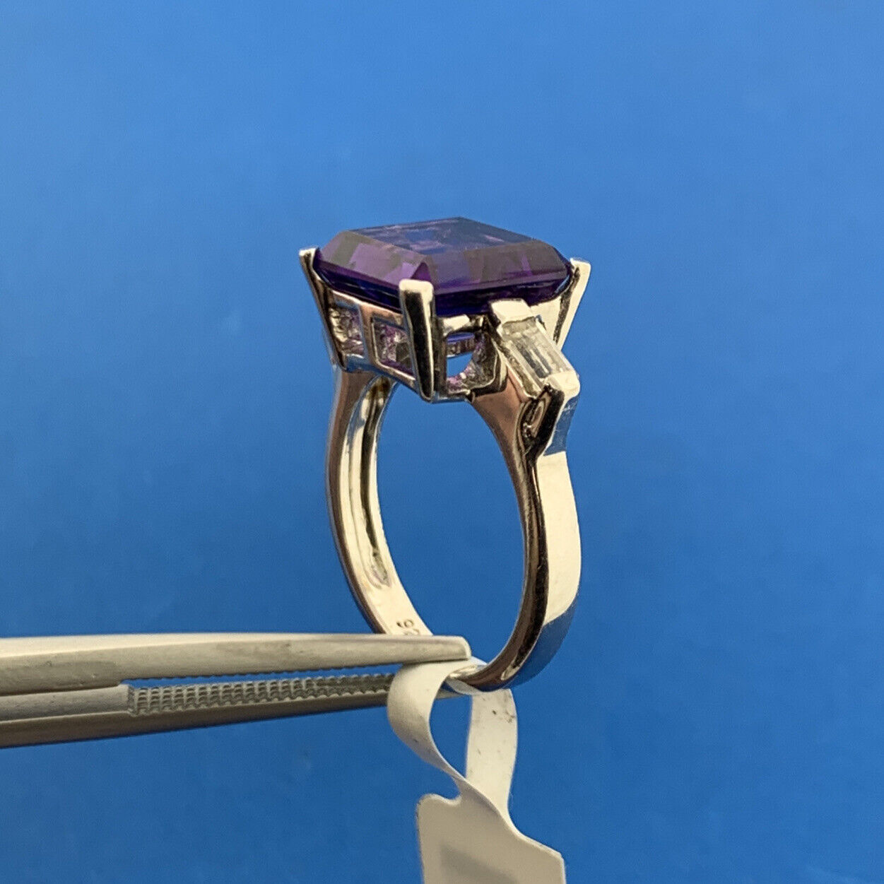 Designer 925 Sterling Silver Square Amethyst Cubic Zirconia Accented Ring NWT