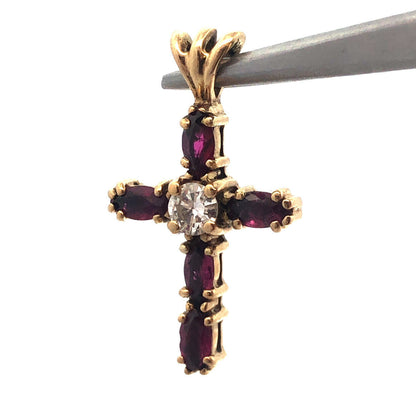 14K Yellow Gold Ruby Diamond Cross July Communion Easter Pendant