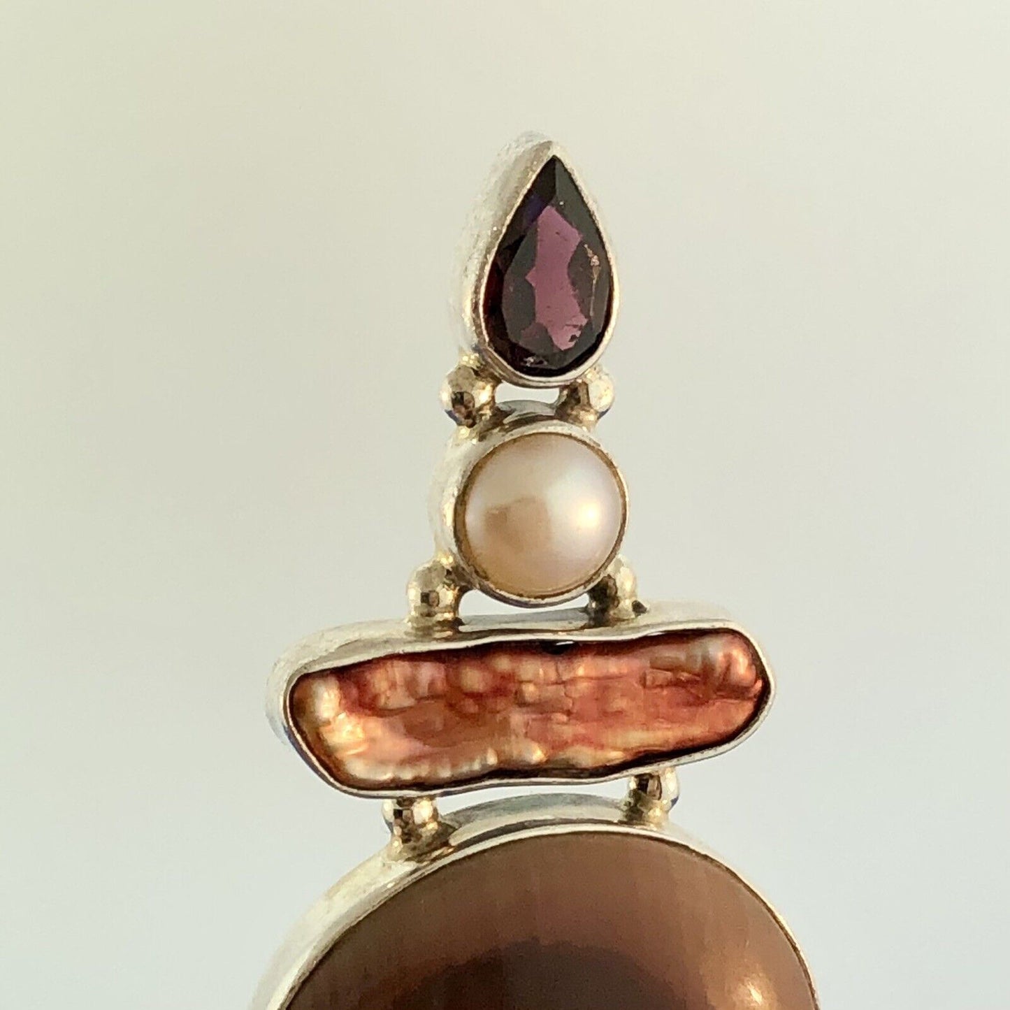 Sterling Silver 925 Carnelian Jasper MOP Garnet Pearl Statement Pendant