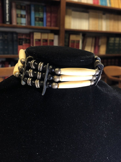 Vintage Native American Scrimshaw Bone Metal Leather Beaded Tie Choker Necklace