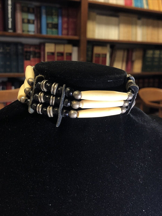Vintage Native American Scrimshaw Bone Metal Leather Beaded Tie Choker Necklace