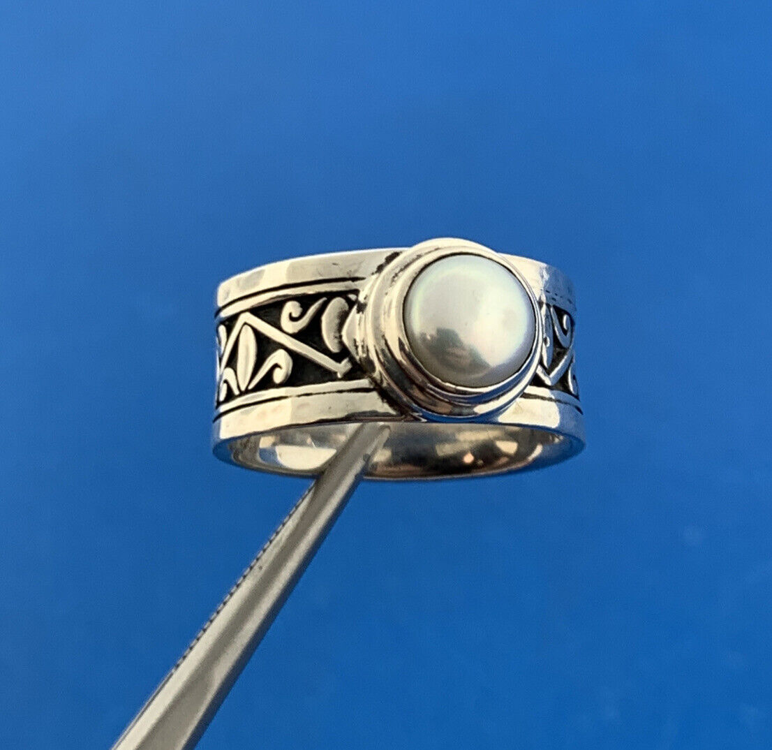 Designer 925 Sterling Silver Pearl Fleur De Lis Scroll Cigar Band Ring