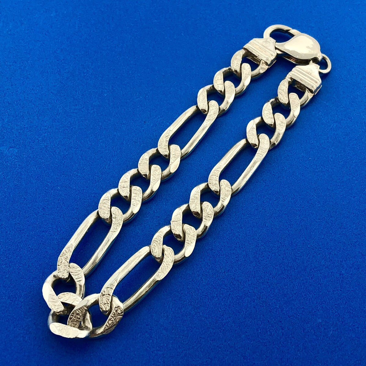 Retro 925 Sterling Silver Polished Florentine Textured Figaro Link Bracelet