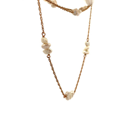 Estate 14K Yellow Gold Keshi Pearl Beaded Chain Station Necklace
