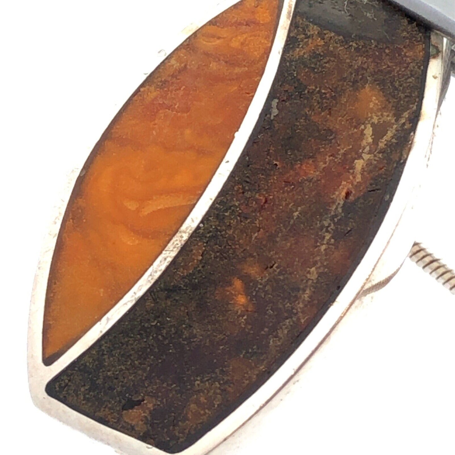 Vintage 925 Sterling Silver Amber Orange Agate Inlay Oval Pendant Necklace