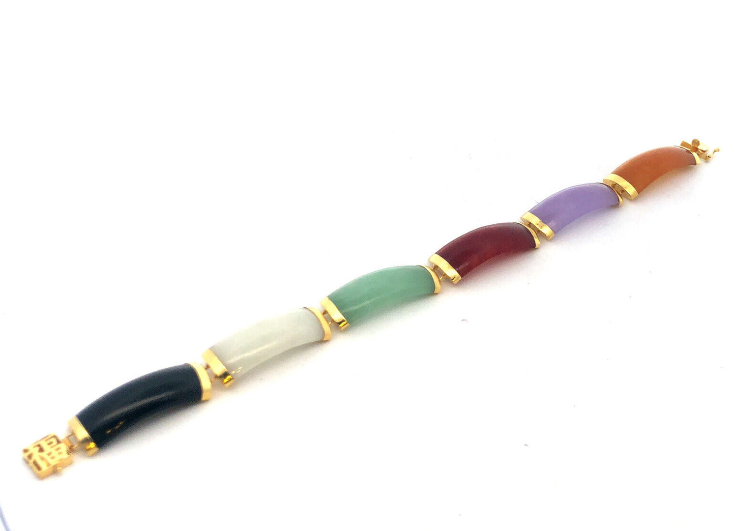 Estate 14K Yellow Gold Multi Gemstone Panel Chinese Good Luck Fortune Bracelet