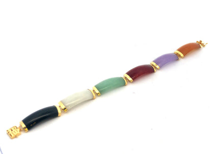 Estate 14K Yellow Gold Multi Gemstone Panel Chinese Good Luck Fortune Bracelet
