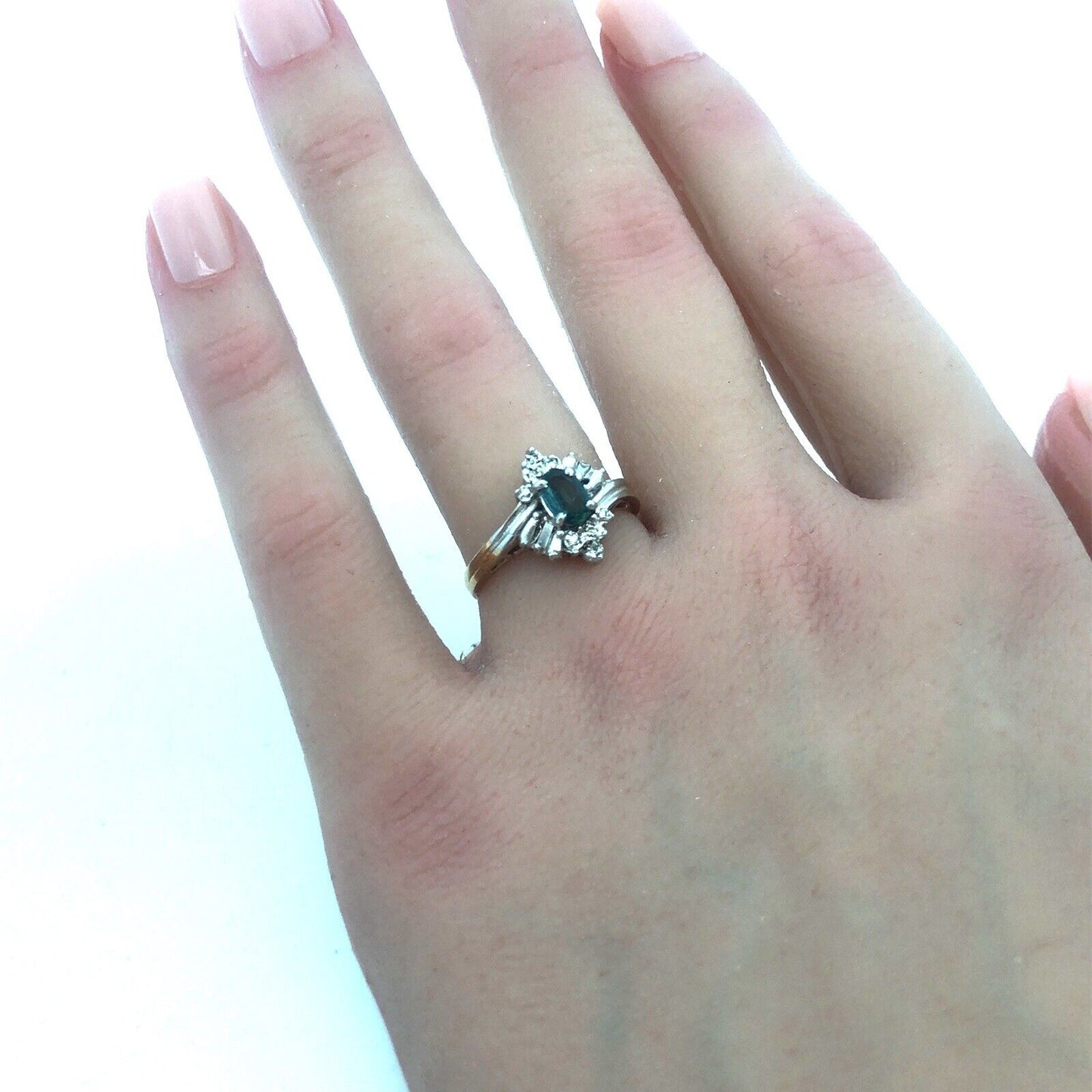 Gorgeous 14k Yellow and White Gold Oval Blue Topaz Diamond Accent Ring Size 6.25