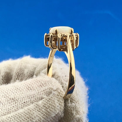 Estate 14K Yellow Gold Oval Opal Diamond Halo October Anniversary Cocktail Ring