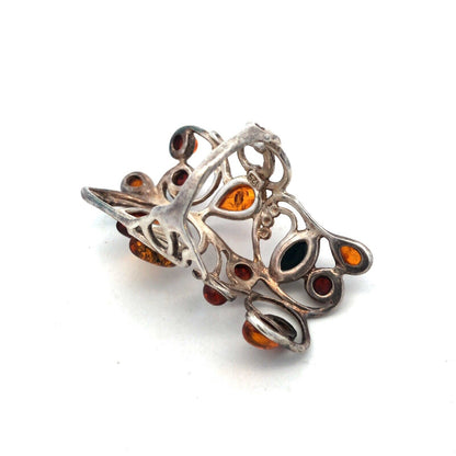 S6205Retro 925 Sterling Silver Mixed Amber Open Work Scroll Statement Finger Rin