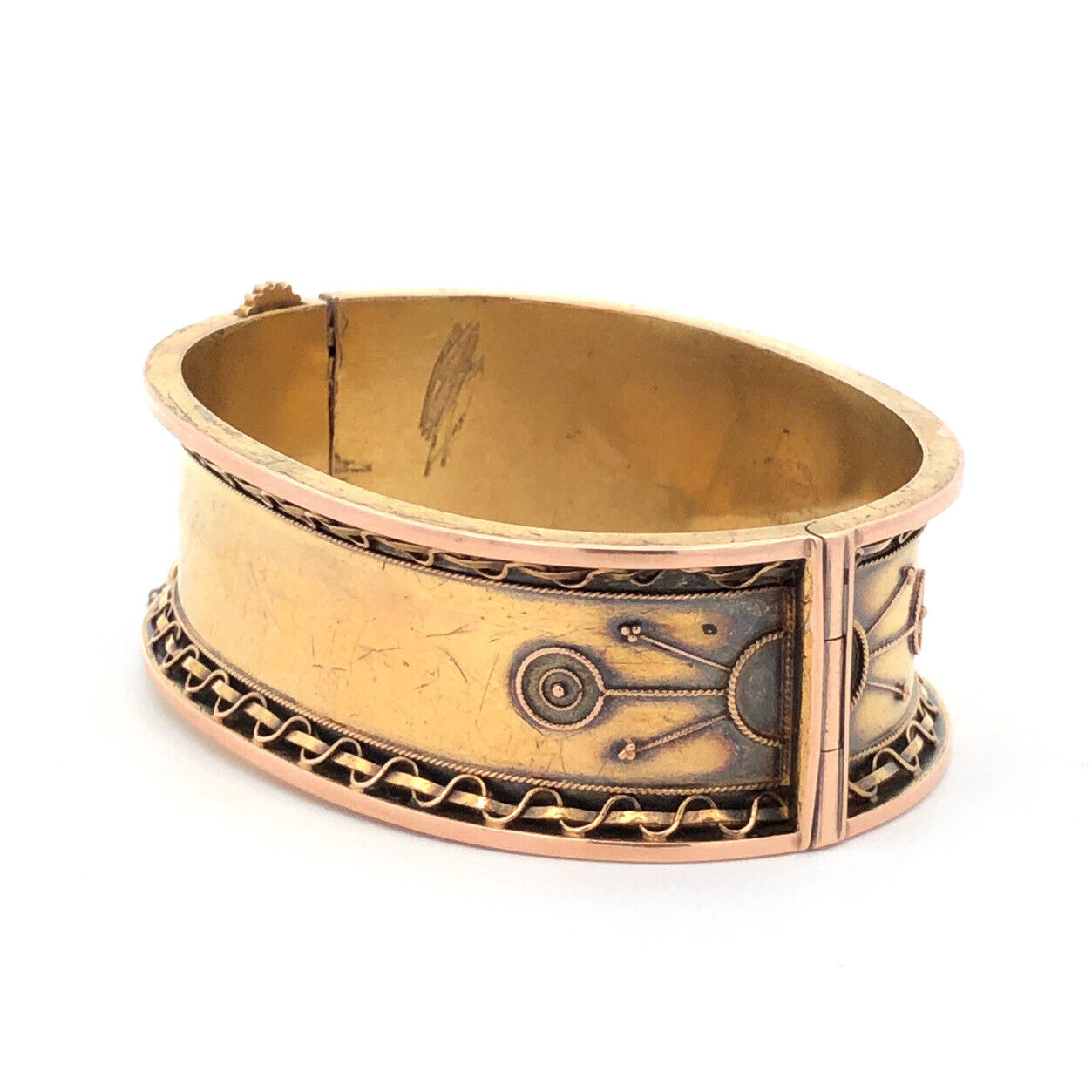 Victorian 14K Yellow Gold Artistic Hinged Cuff Bracelet