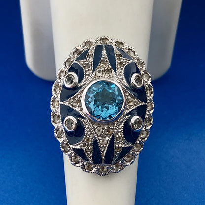 Designer Pd 925 Sterling Silver Blue Topaz White Amethyst Enamel Statement Ring