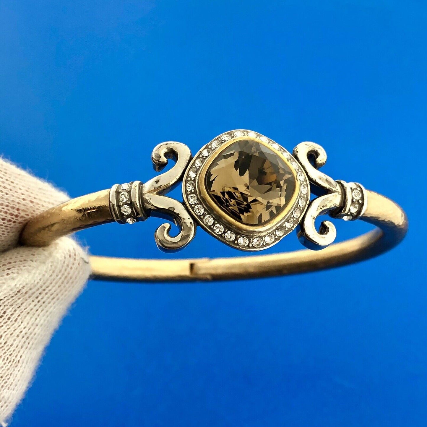 Stunning Silver Plated Smoky Quartz White Rhinestone Hinged Cuff 6.5" Bracelet