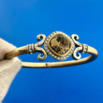 Stunning Silver Plated Smoky Quartz White Rhinestone Hinged Cuff 6.5" Bracelet