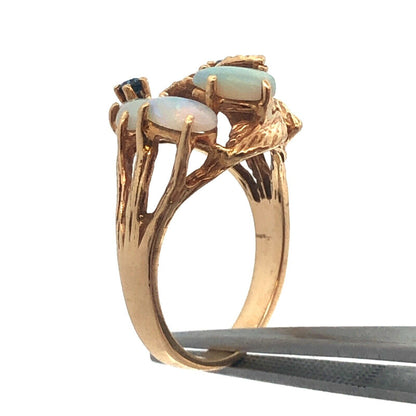 Vintage 10K Yellow Gold Opal Sapphire October Leaf Design Free Form Ring
