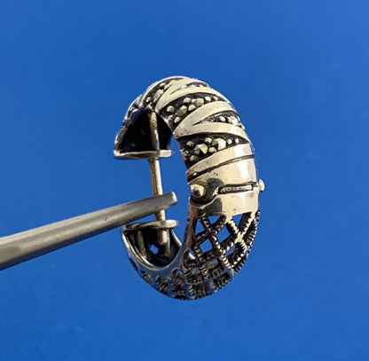 Designer 925 Sterling Silver Marcasite Basket Weave Hoop Earrings