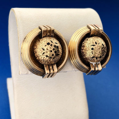 Art Deco Art Nouveau 14K Yellow Gold Black Enamel Modernist Linear Ball Earrings