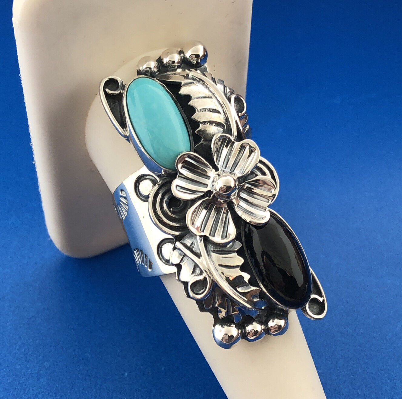 Sterling Silver 925 CII Mexico Cabochon Onyx Turquoise Finger Ring Size 9.75