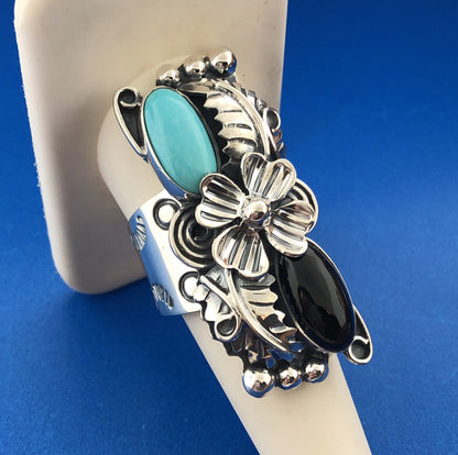 Sterling Silver 925 CII Mexico Cabochon Onyx Turquoise Finger Ring Size 9.75