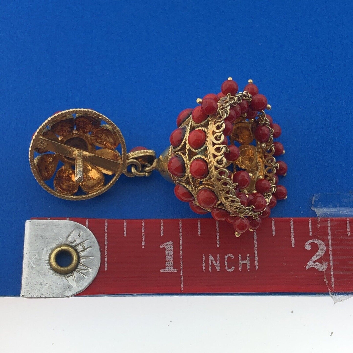 Lovely Vermeil Sterling Silver 925 Cabochon Coral Lampshade Dangle Stud Earrings