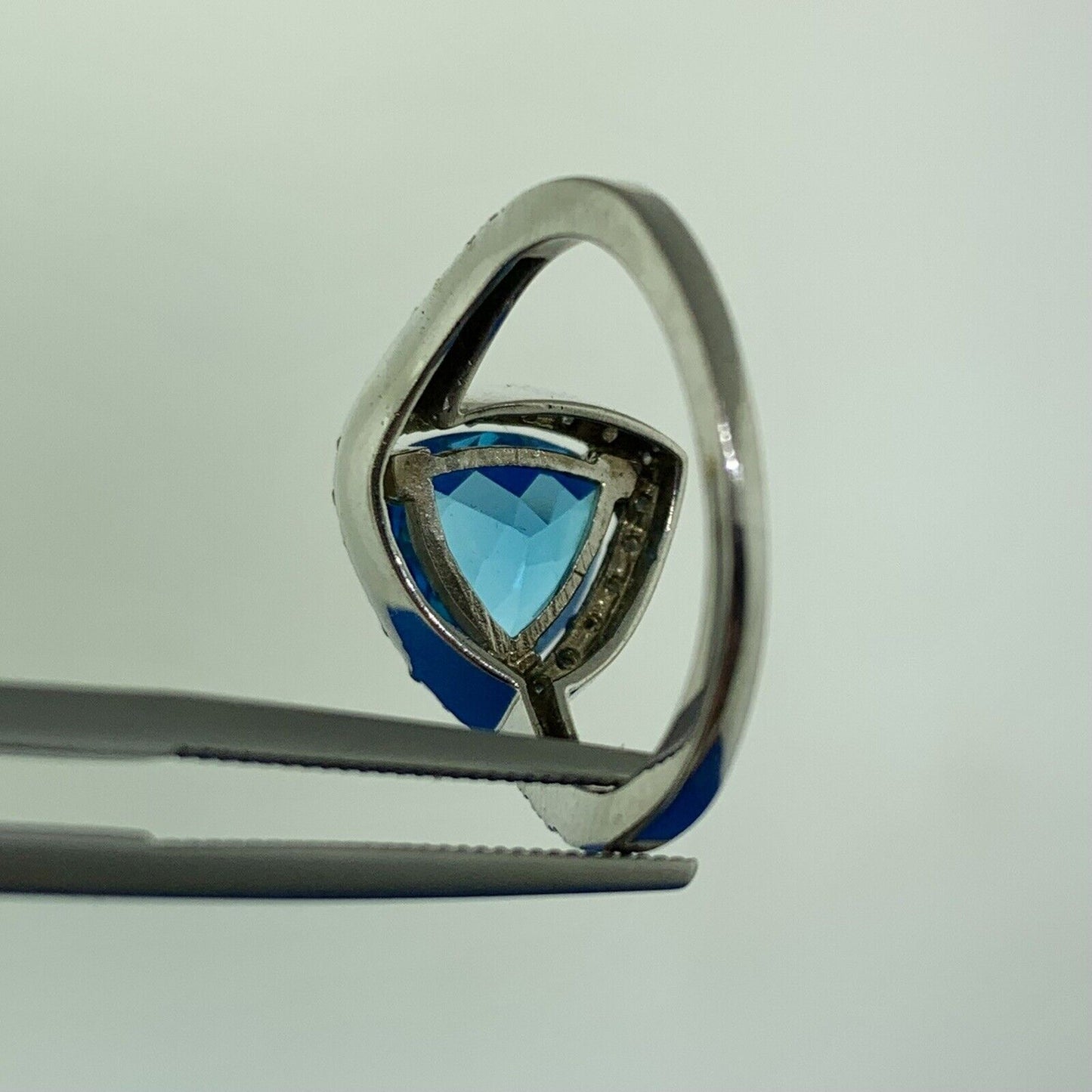 Designer 14K White Gold Trillion Cut Blue Topaz Diamond Accented Ring