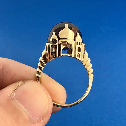 Retro 10K Yellow Gold Amethyst Spheroid Siam Temple Mounting Statement Ring