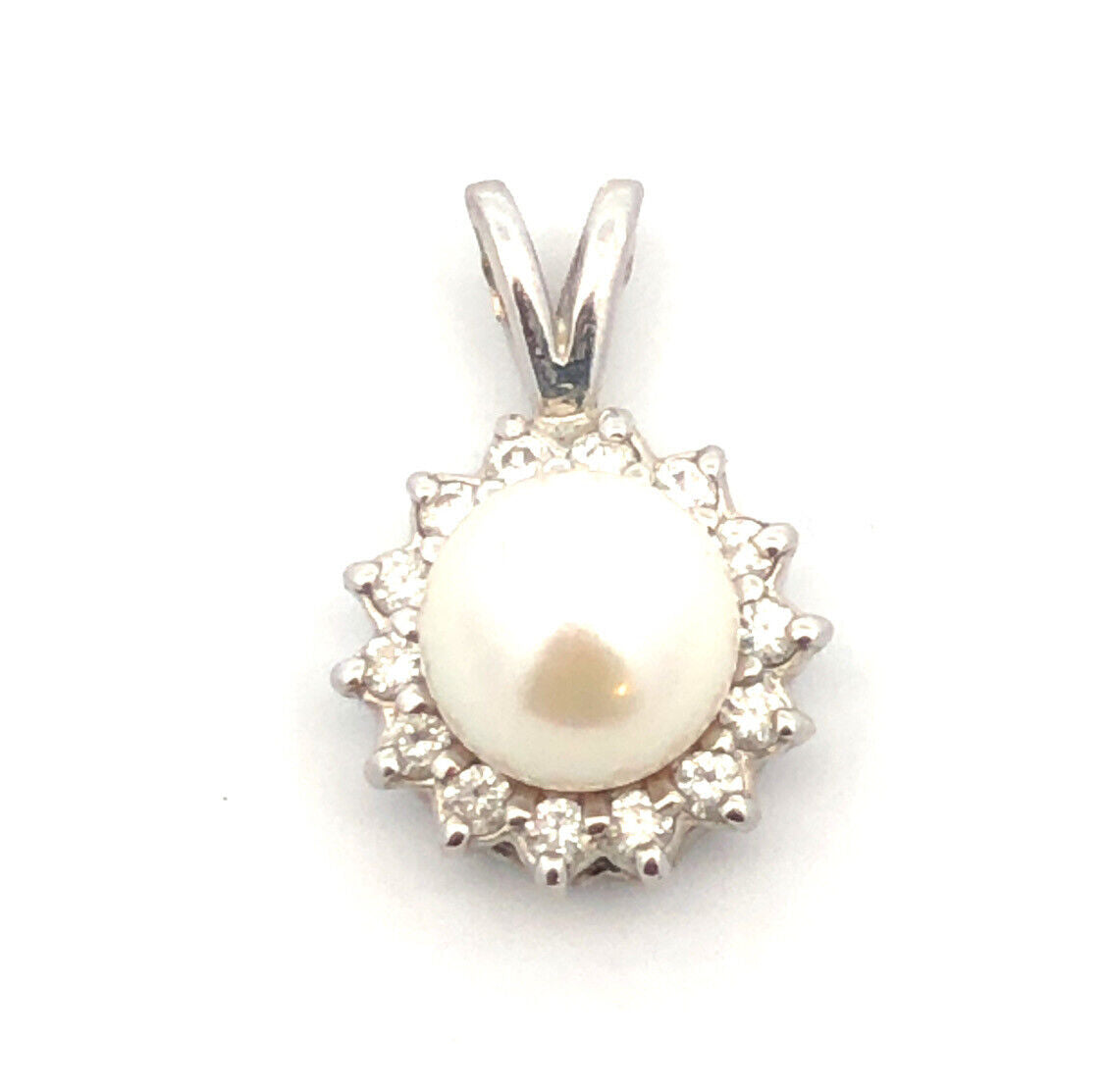 Designer BME 14K White Gold Round White Pearl Diamond Halo June Bridal Pendant