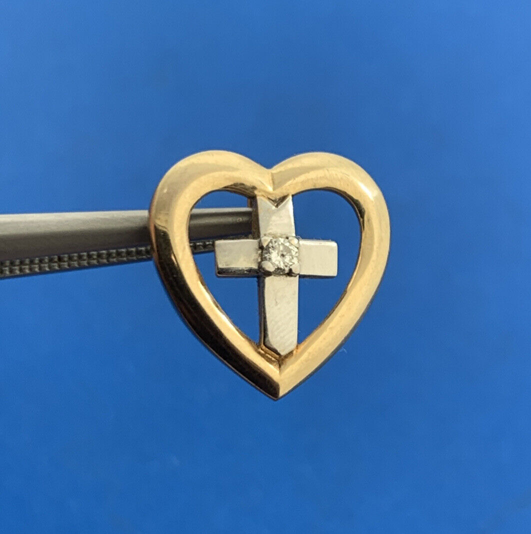 Designer 14K Yellow & White Diamond Cross Heart Religious Charm Pendant