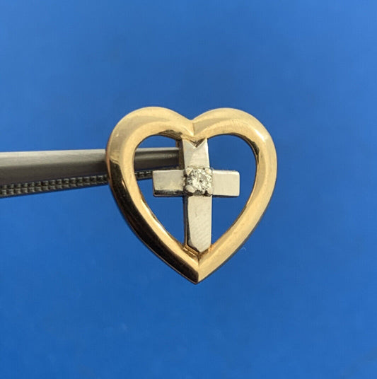 Designer 14K Yellow & White Diamond Cross Heart Religious Charm Pendant