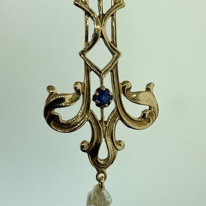 Antique 14K Yellow Gold Sapphire Pearl Scroll Statement Pendant