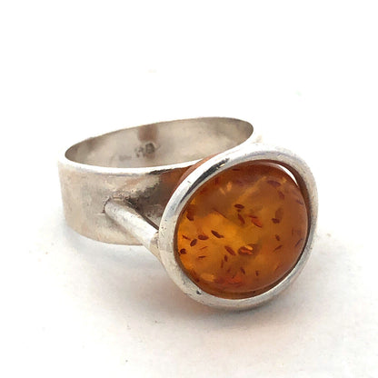 Vintage 925 Sterling Silver Yellow Amber Ball Marble Statement Ring