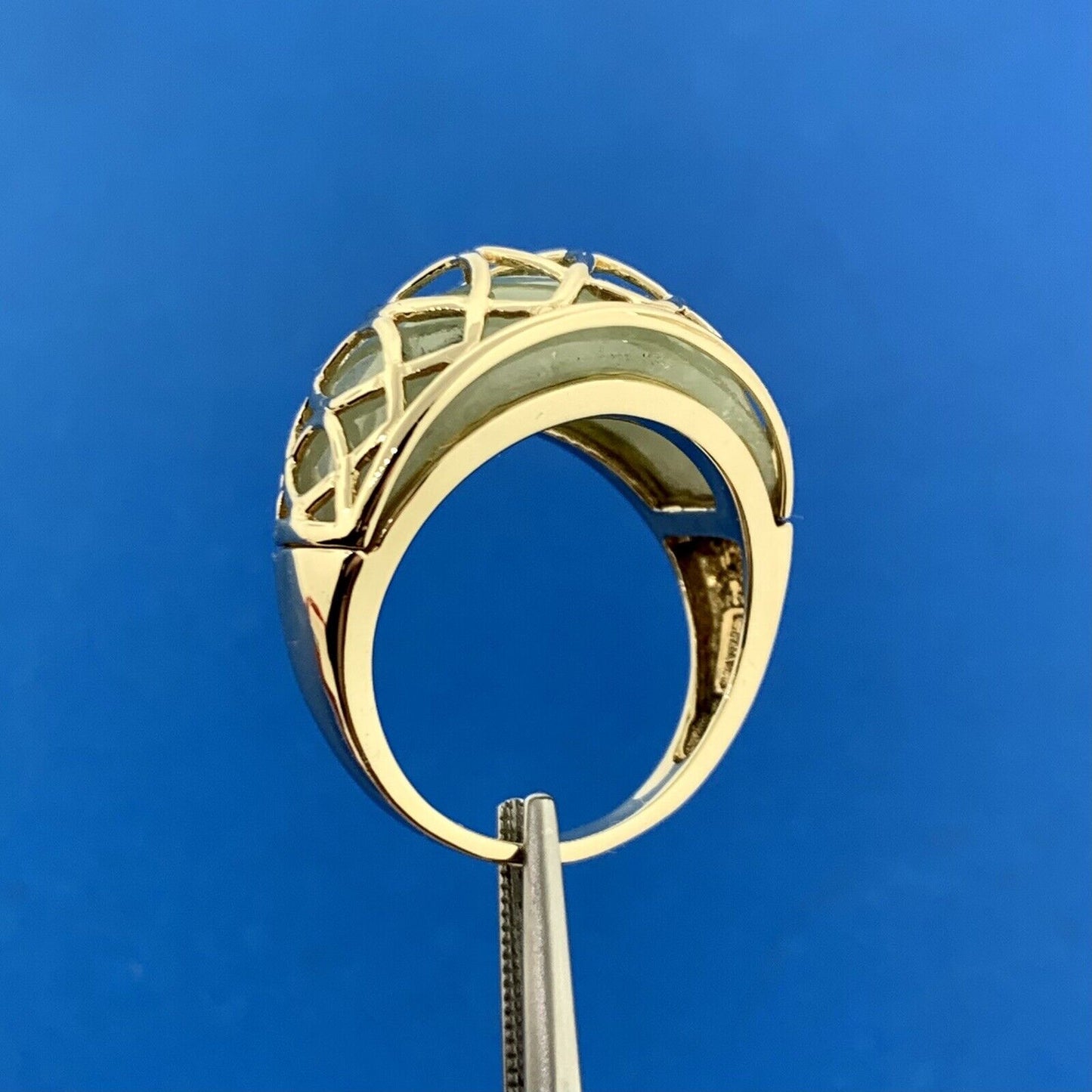 Designer 14K Yellow Gold Curved Jade Cabochon Modernist Dome Ring