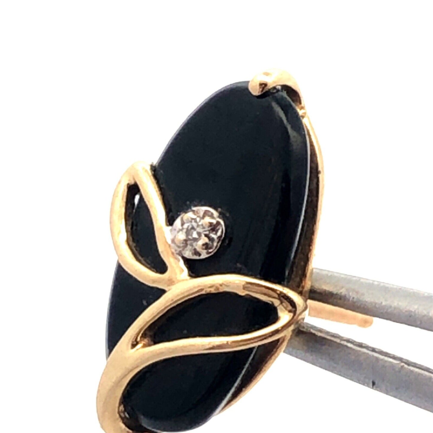 10K Yellow Gold Vintage Oval Black Onyx White Topaz Flower Stud Earrings