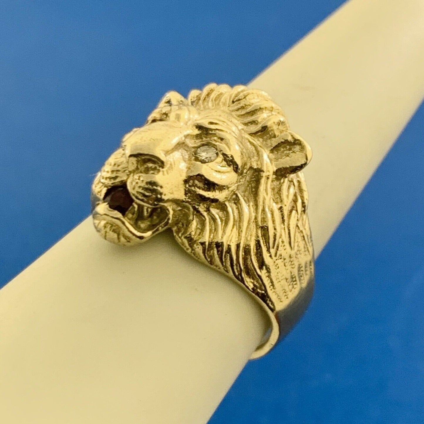 Custom 14K Yellow Gold Diamond Eyes Ruby Mouth Lions Head Statement Ring