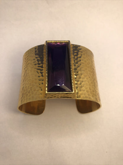 IMAN CN Gold Tone Hammered Metal Purple Cubic Zircoina Statement Cuff Bracelet