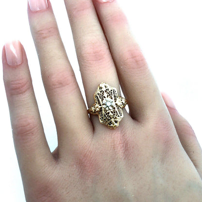 Vintage 10K Yellow Gold Diamond Floral Filigree Statement Finger Ring