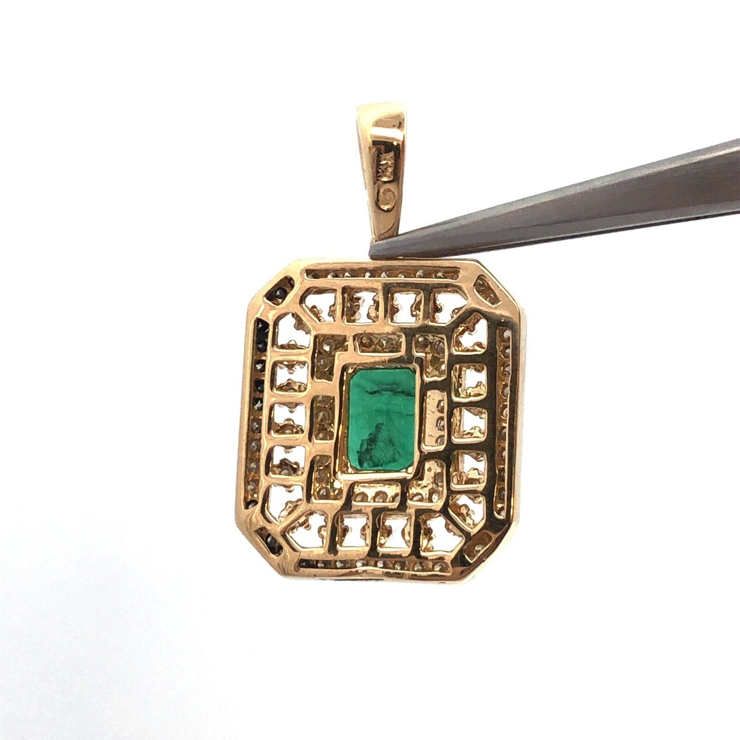 Designer 14K Yellow Gold Emerald Diamond Triple Halo Statement Estate Pendant