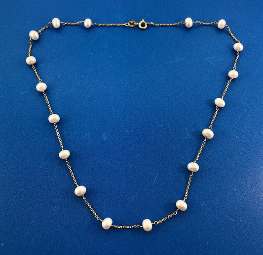 Designer RCI 14K Yellow Gold Cultured Pearl Station Necklace