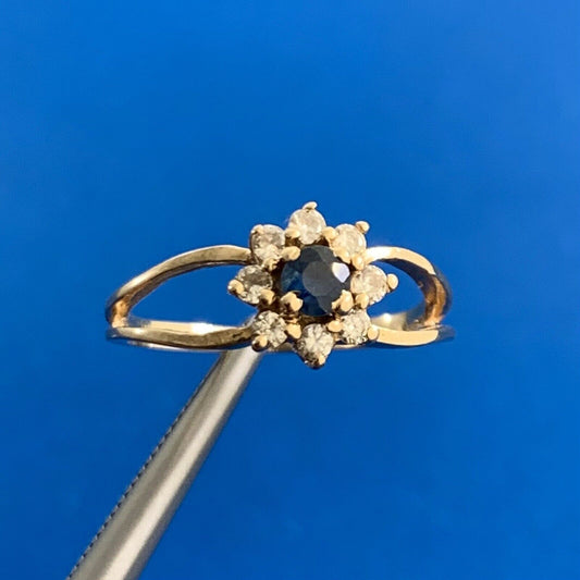 Designer 14K Yellow Gold Round Blue Sapphire Diamond Accent Cocktail Ring